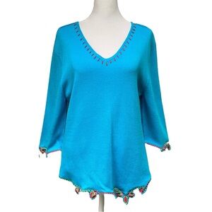 NWOT Prima Bella Blue Boho Embroidered Edge Top